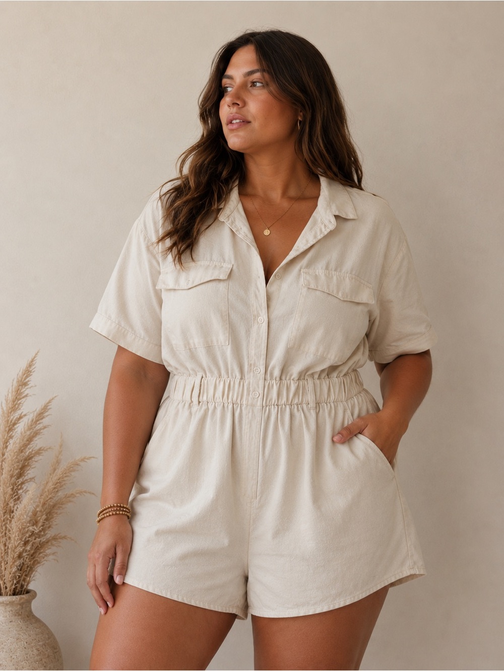 Hunter & Brown Neutral Short Sleeve Utility Romper - Cream
